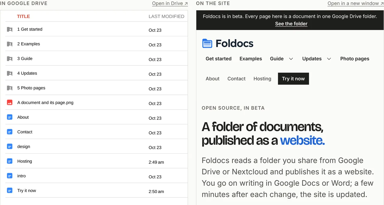 A Google Drive folder on the left, the website made from it on the right